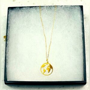 14k Yellow Gold World Map Earth Necklace Made in Italy Tag Box 18” + 1” extender